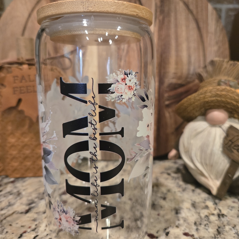Floral Glass Tumbker with Bamboo Lid